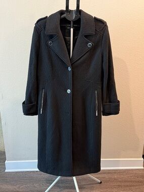 Guess Black Long Wool-Blend Pea Coat with Zip Pockets